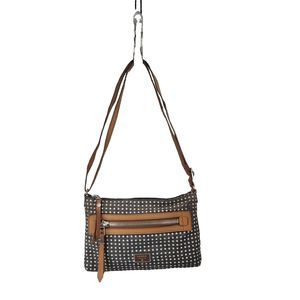 Fossil Fabric Leather Crossbody Bag Purse Blue Cream Dots Adjustable Strap Zip